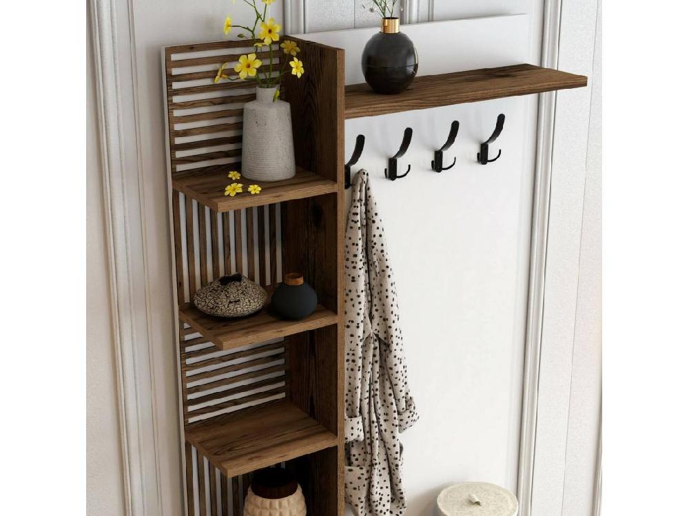 Vente Unique Meuble D'entrée Calista Crochet D'entrée Composition Pour L'atrium Console De Rangement Multifonction 90x35h200 Cm Noyer Et Blanc