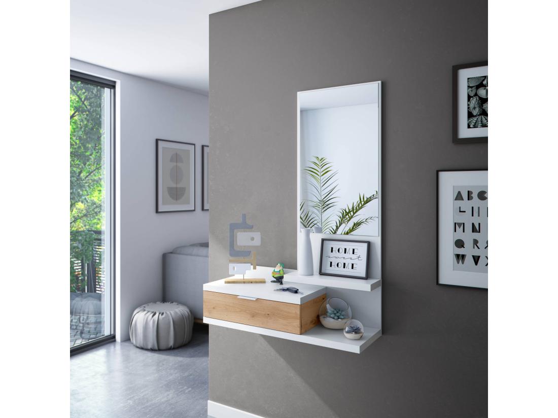 Vente Unique Meuble D'entrée Tijuana Entrée Avec Miroir Et Tiroir Plateau à Poches Pour Hall D'entrée De Petits Appartements 81x29h116 Cm Chêne Blanc Et Noué