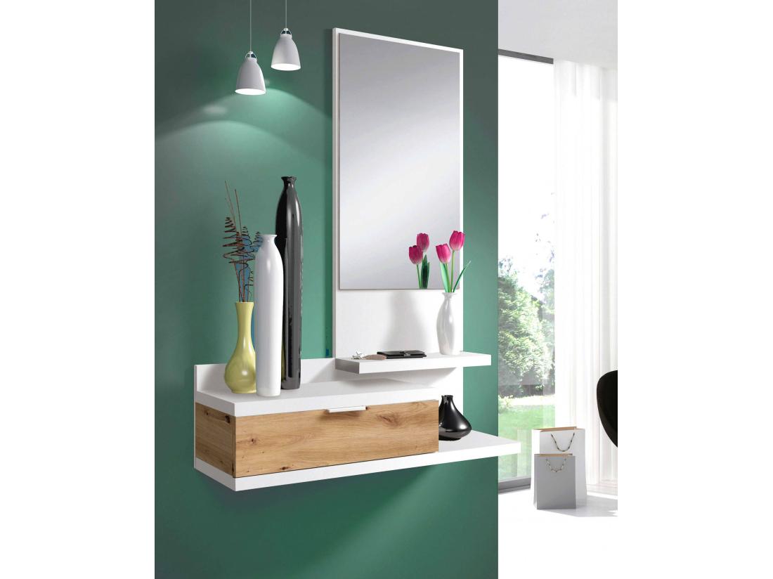 Vente Unique Meuble D'entrée Tijuana Entrée Avec Miroir Et Tiroir Plateau à Poches Pour Hall D'entrée De Petits Appartements 81x29h116 Cm Chêne Blanc Et Noué