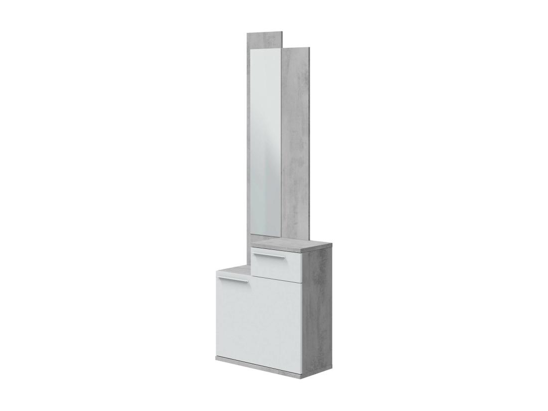 Vente Unique Meuble D'entrée Waltham Étagère à Chaussures Multifonctionnelle Avec Miroir Armoire 1 Porte Et 1 Tiroir 61x28h185 Cm Ciment Et Blanc Brillant