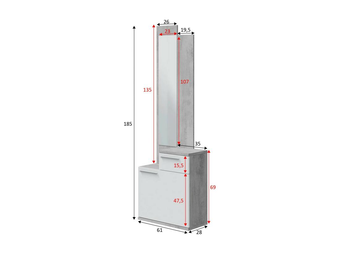 Vente Unique Meuble D'entrée Waltham Étagère à Chaussures Multifonctionnelle Avec Miroir Armoire 1 Porte Et 1 Tiroir 61x28h185 Cm Ciment Et Blanc Brillant