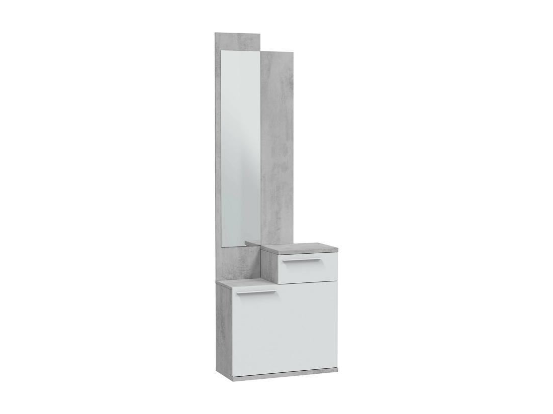 Vente Unique Meuble D'entrée Waltham Étagère à Chaussures Multifonctionnelle Avec Miroir Armoire 1 Porte Et 1 Tiroir 61x28h185 Cm Ciment Et Blanc Brillant