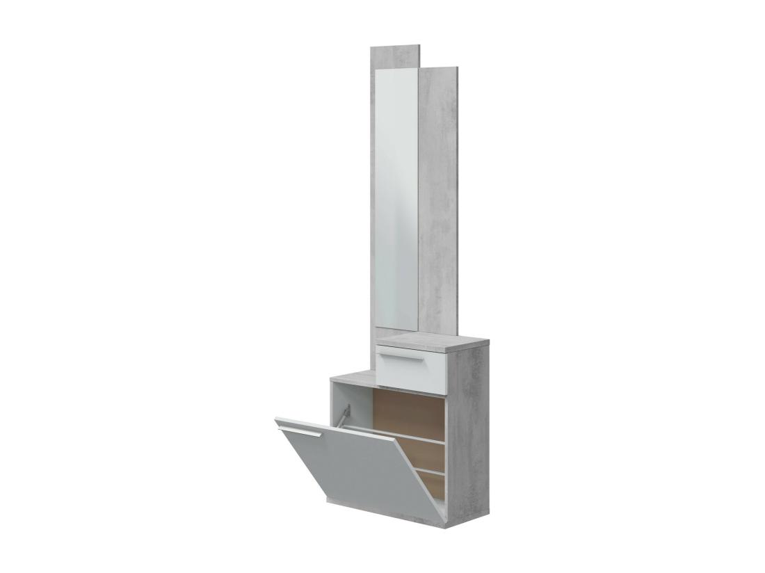 vente unique Meuble d'entrée Waltham Étagère à chaussures multifonctionnelle avec miroir armoire 1 porte et 1 tiroir 61x28h185 cm Ciment et Blanc Brillant