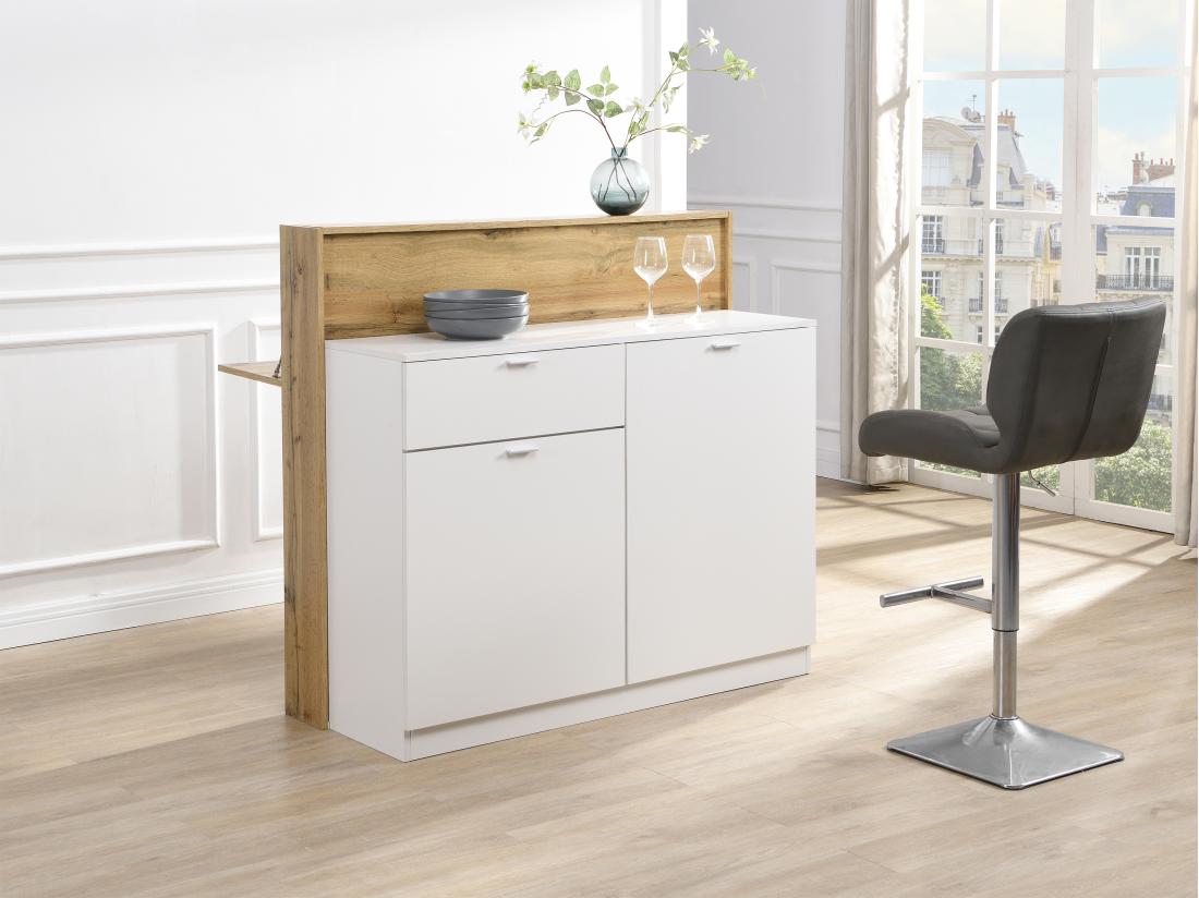 vente unique Meuble de bar avec 2 portes et 1 tiroir en MDF - Blanc et Naturel - LAMONIA