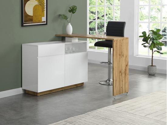 Vente Unique Meuble De Bar Pivotant Avec 2 Portes 1 Tiroir Et 1 Niche En MDF - Blanc Laqué Et Naturel - ELDIR