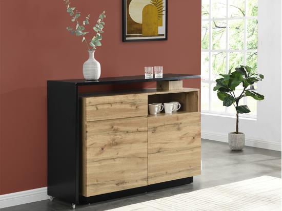vente unique Meuble de bar pivotant avec 2 portes 1 tiroir et 1 niche en MDF - Naturel et Noir - ELDIR