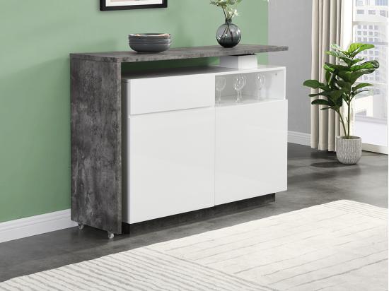 vente unique Meuble de bar pivotant avec 2 portes 1 tiroir et 1 niche en MDF - Blanc laqué et Béton - ELDIR