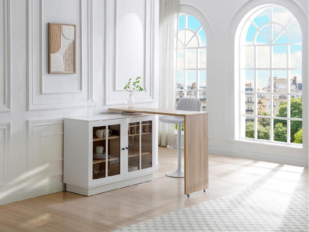 Vente Unique Meuble De Bar Pivotant Avec Rangements - Blanc Et Naturel - ARAMETA