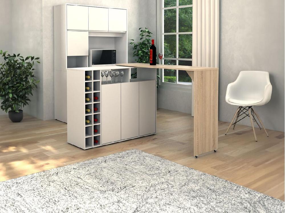 Vente Unique Meuble De Bar Pivotant Avec Rangements - Blanc Et Naturel - VINALO