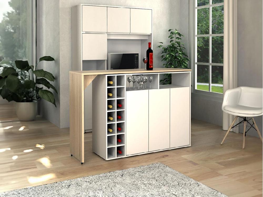 vente unique Meuble de bar pivotant avec rangements - Blanc et Naturel - VINALO