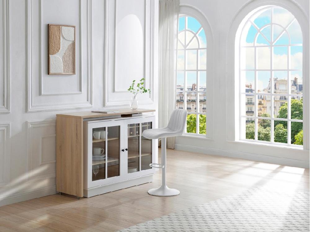 vente unique Meuble de bar pivotant avec rangements - Blanc et naturel - ARAMETA
