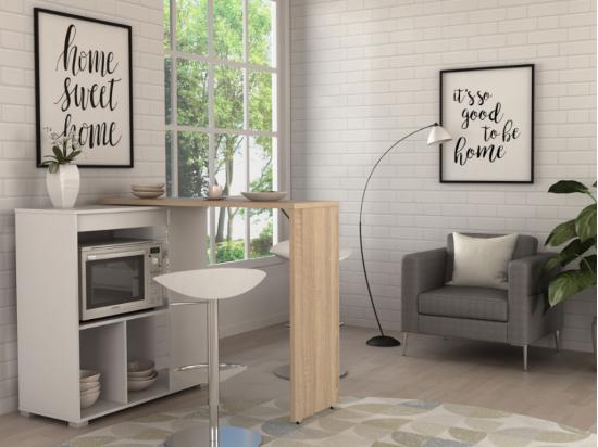 Vente Unique Meuble De Bar Pivotant Avec Rangements - Naturel Et Blanc - SATURNE