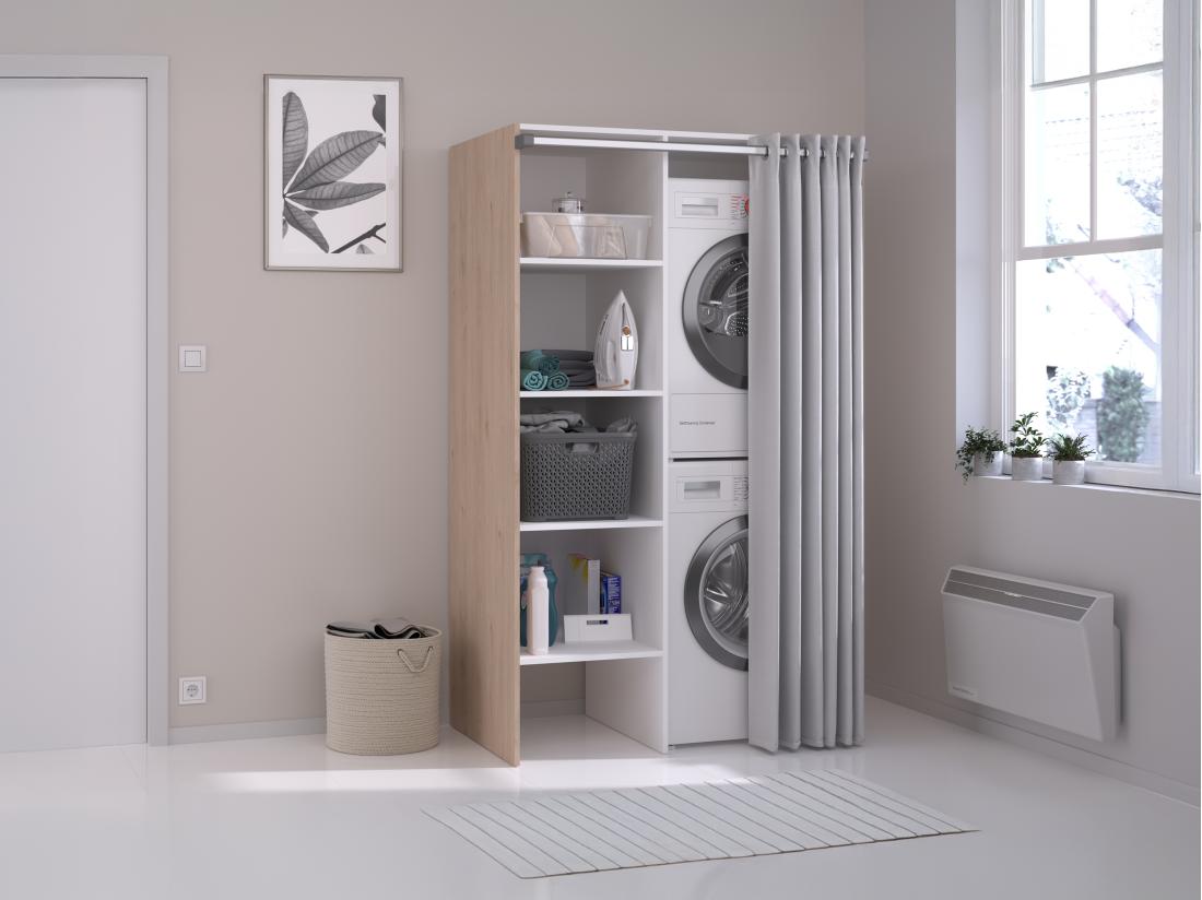 Vente Unique Meuble De Buanderie Avec Rideau Pour Double Machine à Laver - Naturel Clair - L111 X H184 Cm - JAZANO