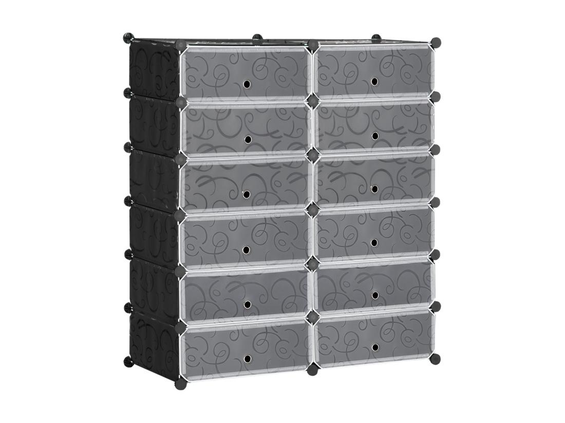 Vente Unique Meuble De Rangement - Meuble à Chaussures Modulable 12 Casiers Avec Portes Et étagères - Dim. 94L X 37l X 108H Cm - PP Noir Blanc