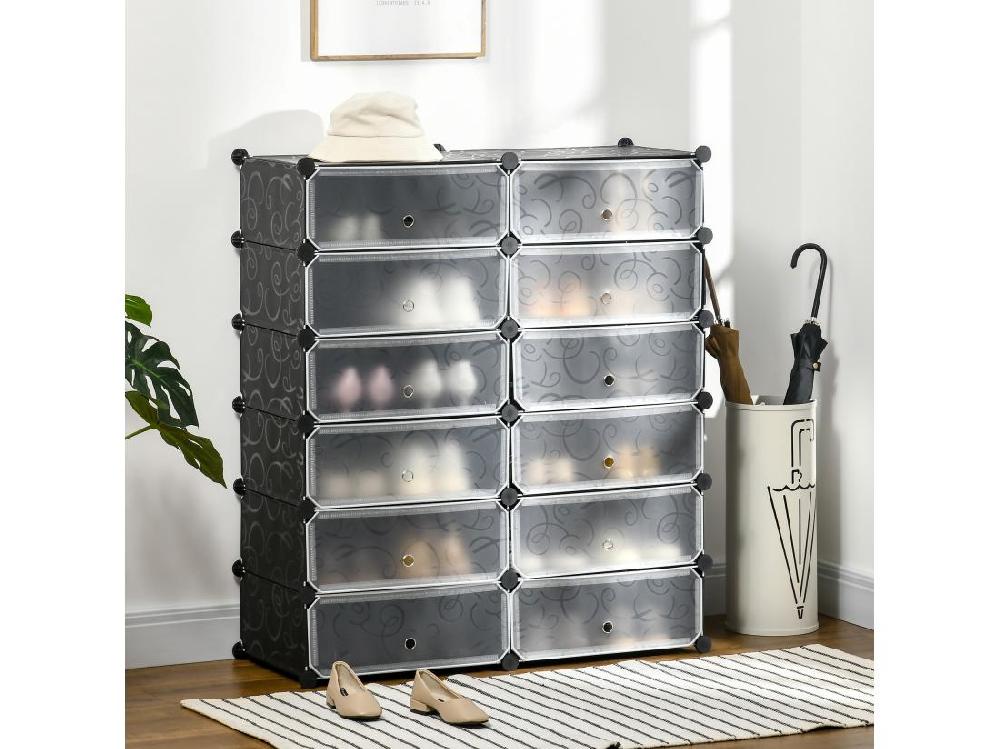 Vente Unique Meuble De Rangement - Meuble à Chaussures Modulable 12 Casiers Avec Portes Et étagères - Dim. 94L X 37l X 108H Cm - PP Noir Blanc