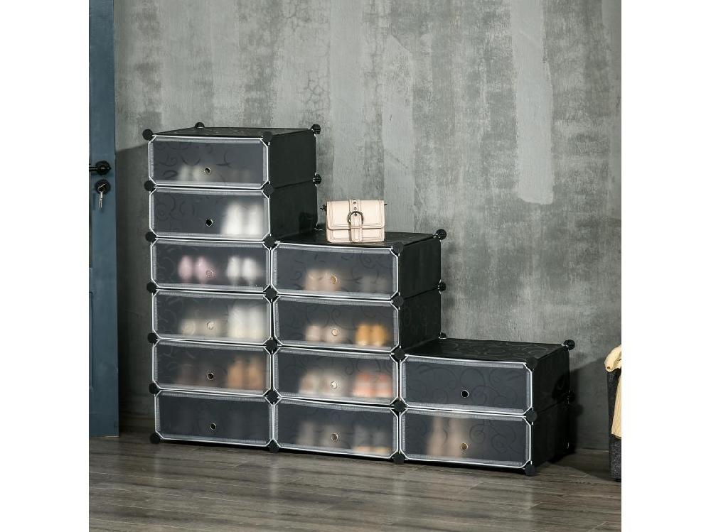 vente unique Meuble de rangement - meuble à chaussures modulable 12 casiers avec portes et étagères - dim. 94L x 37l x 108H cm - PP noir blanc