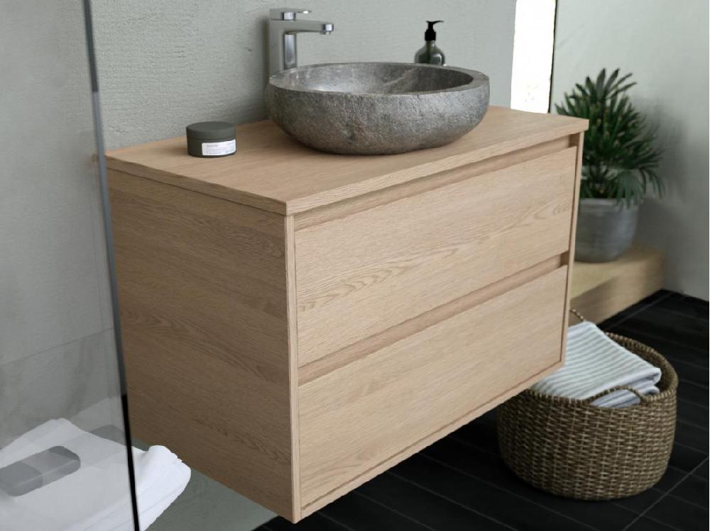 Vente Unique Meuble De Salle De Bain Avec Vasque à Poser En Pierre - Placage Chêne - 80 Cm - MILIPAM