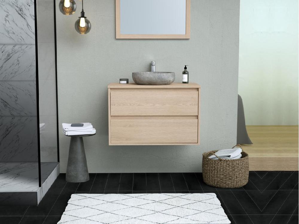 vente unique Meuble de salle de bain avec vasque à poser en pierre - Placage chêne - 80 cm - MILIPAM
