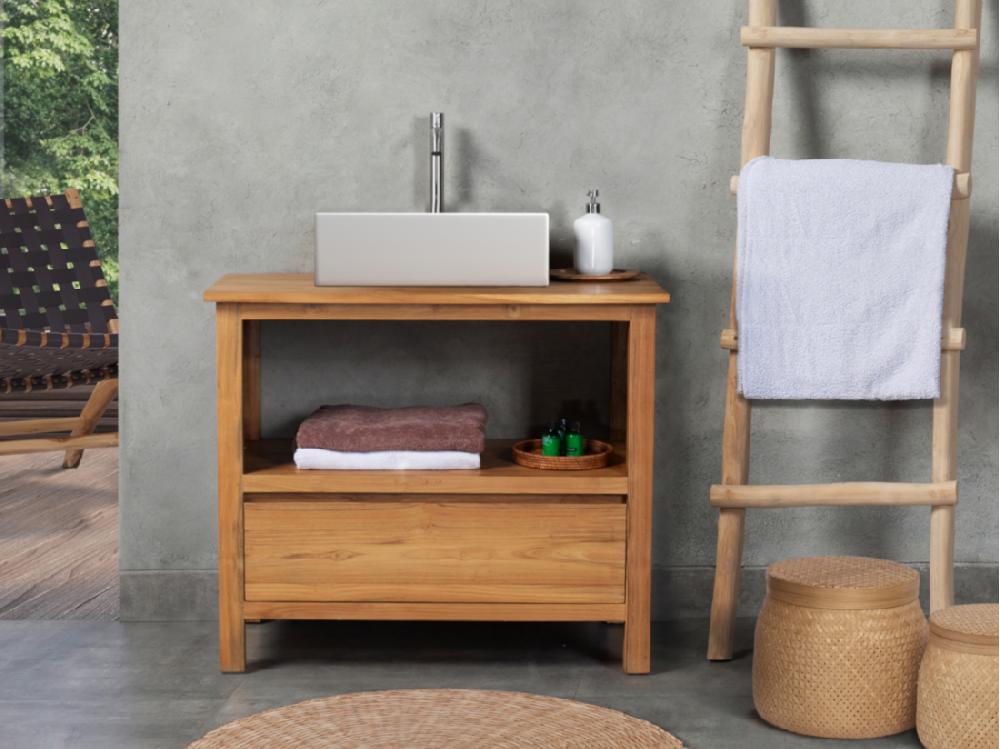 vente unique Meuble de salle de bain en teck avec simple vasque - 90 cm - KETAPANG