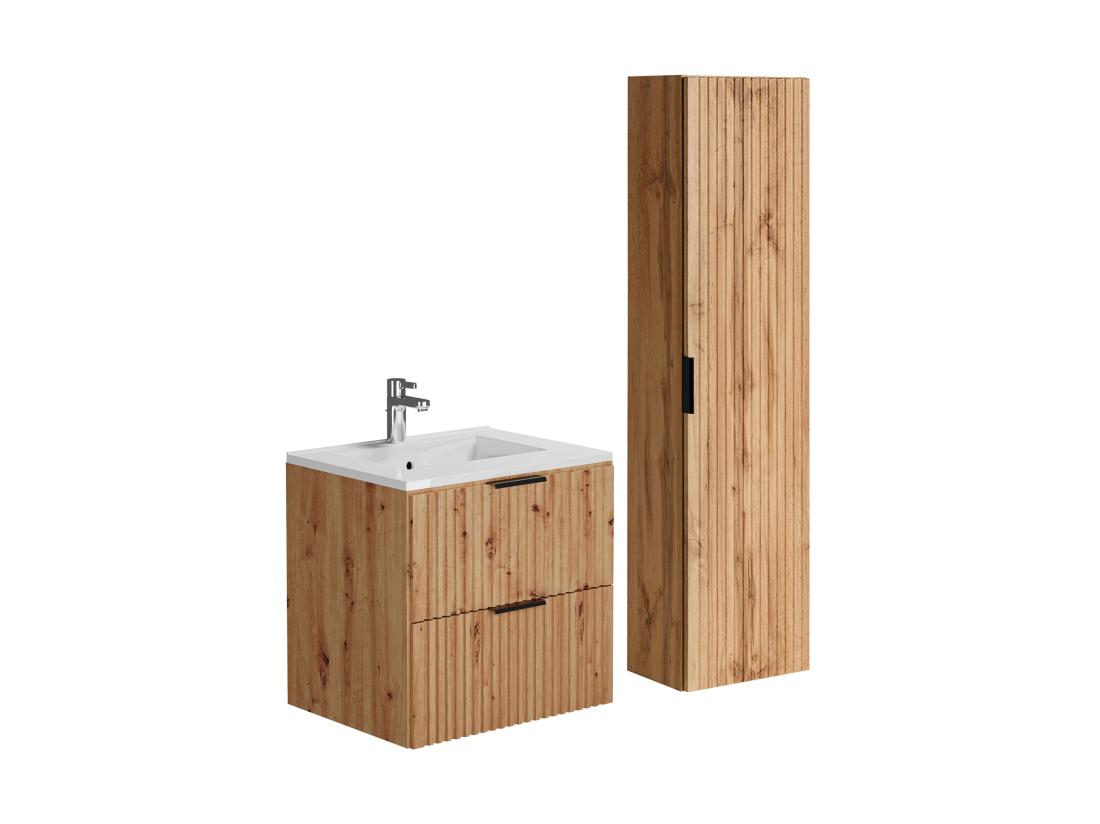Vente Unique Meuble De Salle De Bain Strié Avec Vasque à Encastrer Et Colonne - Coloris Naturel Clair - 60 Cm - ZEVARA