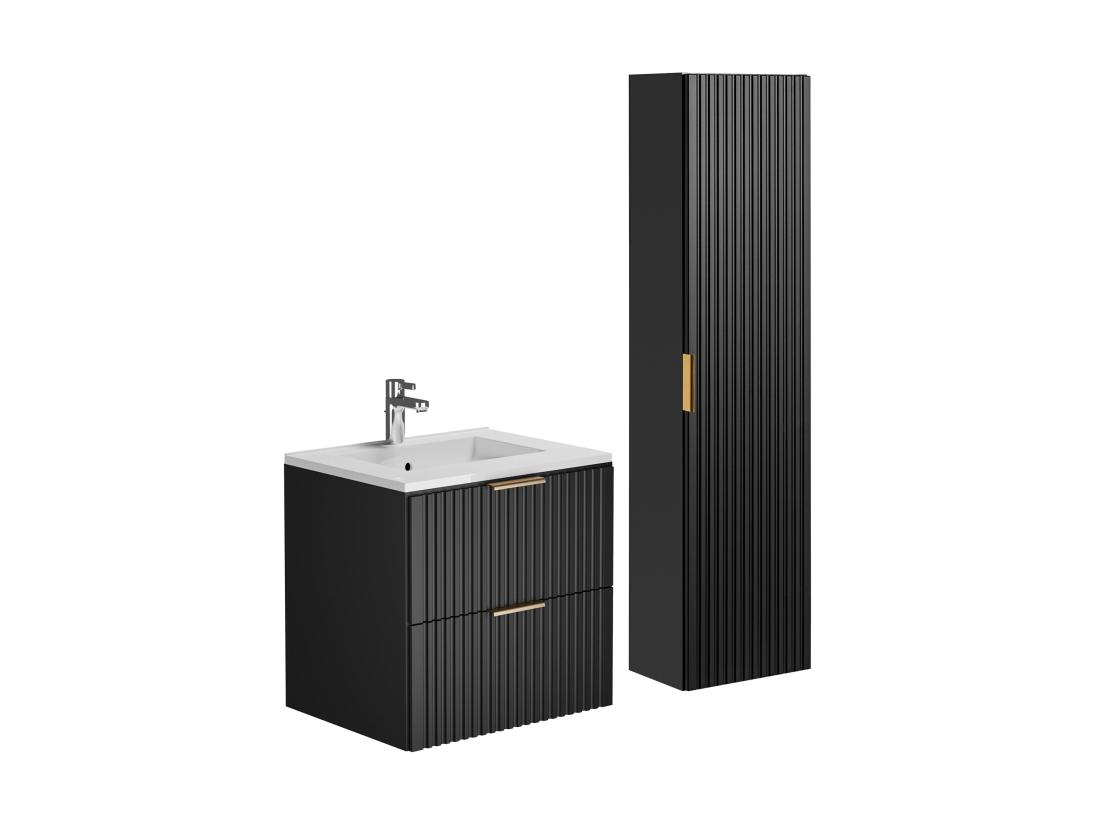 Vente Unique Meuble De Salle De Bain Strié Avec Vasque à Encastrer Et Colonne - Noir - 60 Cm - ZEVARA