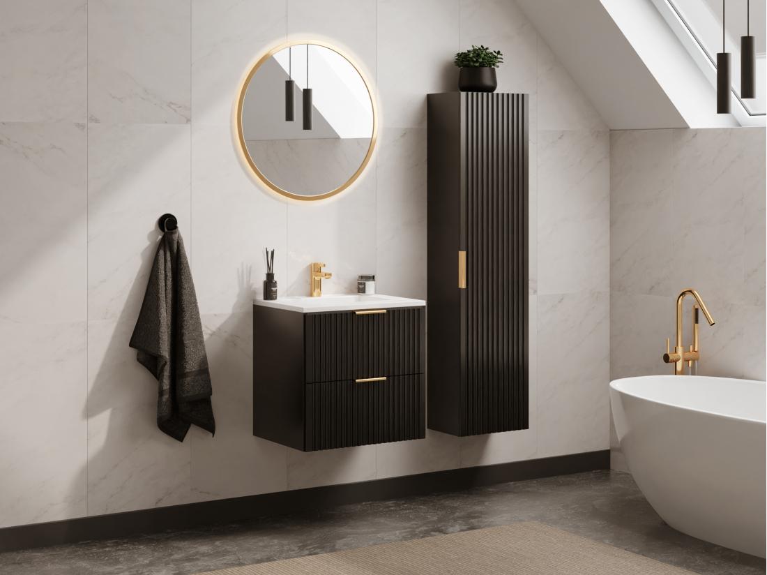 vente unique Meuble de salle de bain strié avec vasque à encastrer et colonne - Noir - 60 cm - ZEVARA