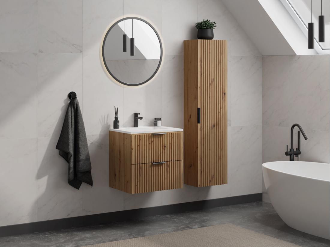 Vente Unique Meuble De Salle De Bain Strié Avec Vasque à Encastrer Et Colonne - Coloris Naturel Clair - 60 Cm - ZEVARA