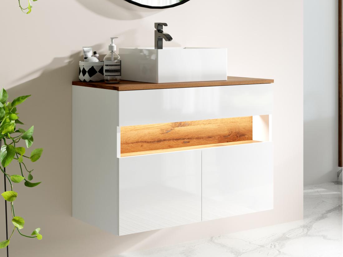 Vente Unique Meuble De Salle De Bain Suspendu à LEDs Avec Vasque à Poser - Blanc Et Naturel Foncé - L80 Cm - POZEGA
