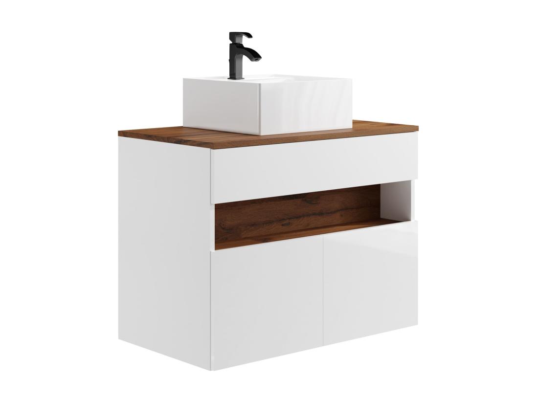 Vente Unique Meuble De Salle De Bain Suspendu à LEDs Avec Vasque à Poser - Blanc Et Naturel Foncé - L80 Cm - POZEGA