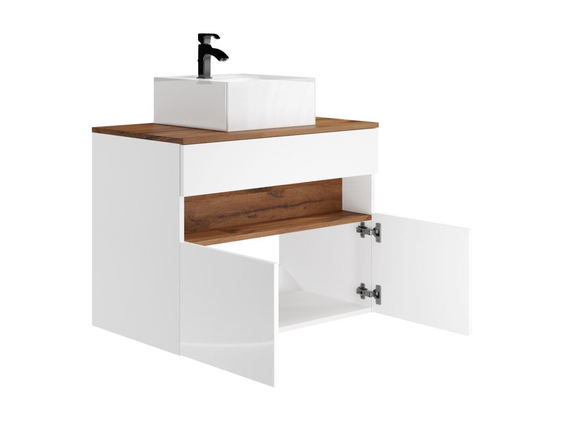 Vente Unique Meuble De Salle De Bain Suspendu à LEDs Avec Vasque à Poser - Blanc Et Naturel Foncé - L80 Cm - POZEGA