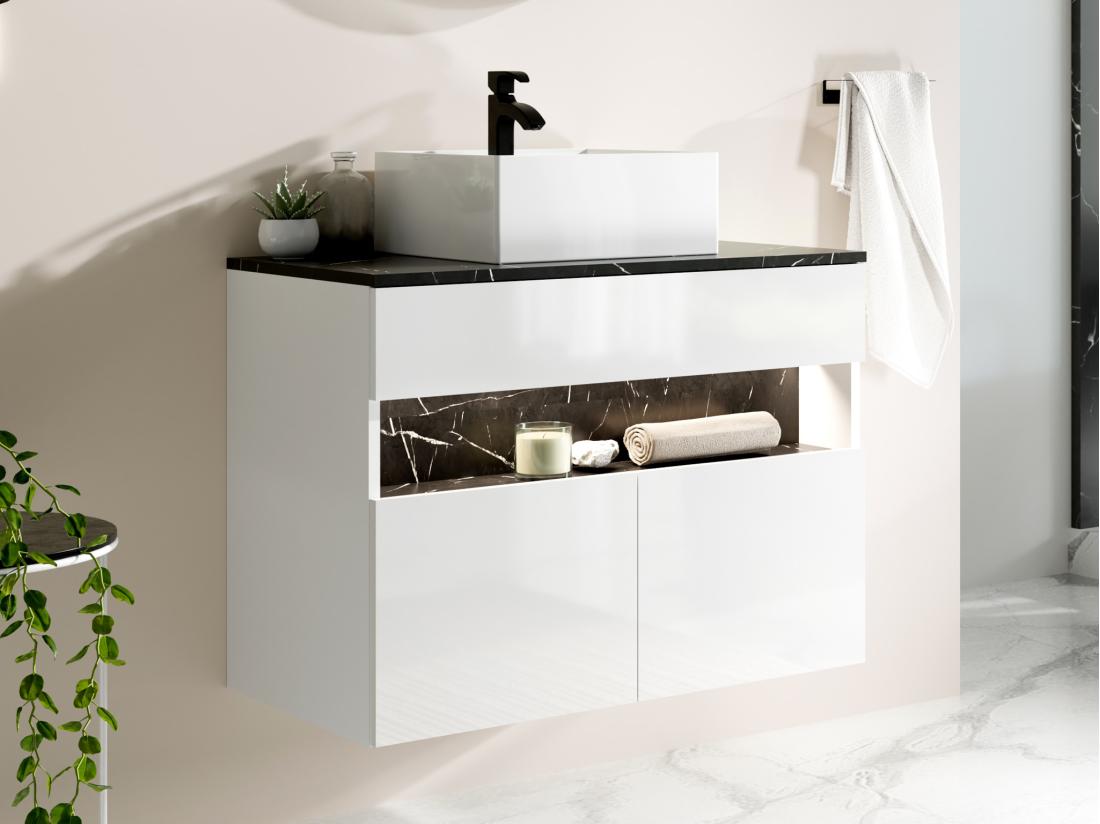 Vente Unique Meuble De Salle De Bain Suspendu à LEDs Avec Vasque à Poser - Blanc Et Noir Effet Marbre - L80 Cm - POZEGA