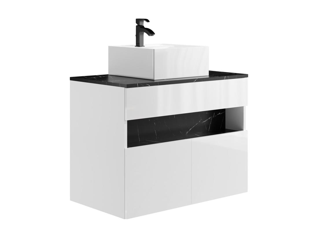 Vente Unique Meuble De Salle De Bain Suspendu à LEDs Avec Vasque à Poser - Blanc Et Noir Effet Marbre - L80 Cm - POZEGA