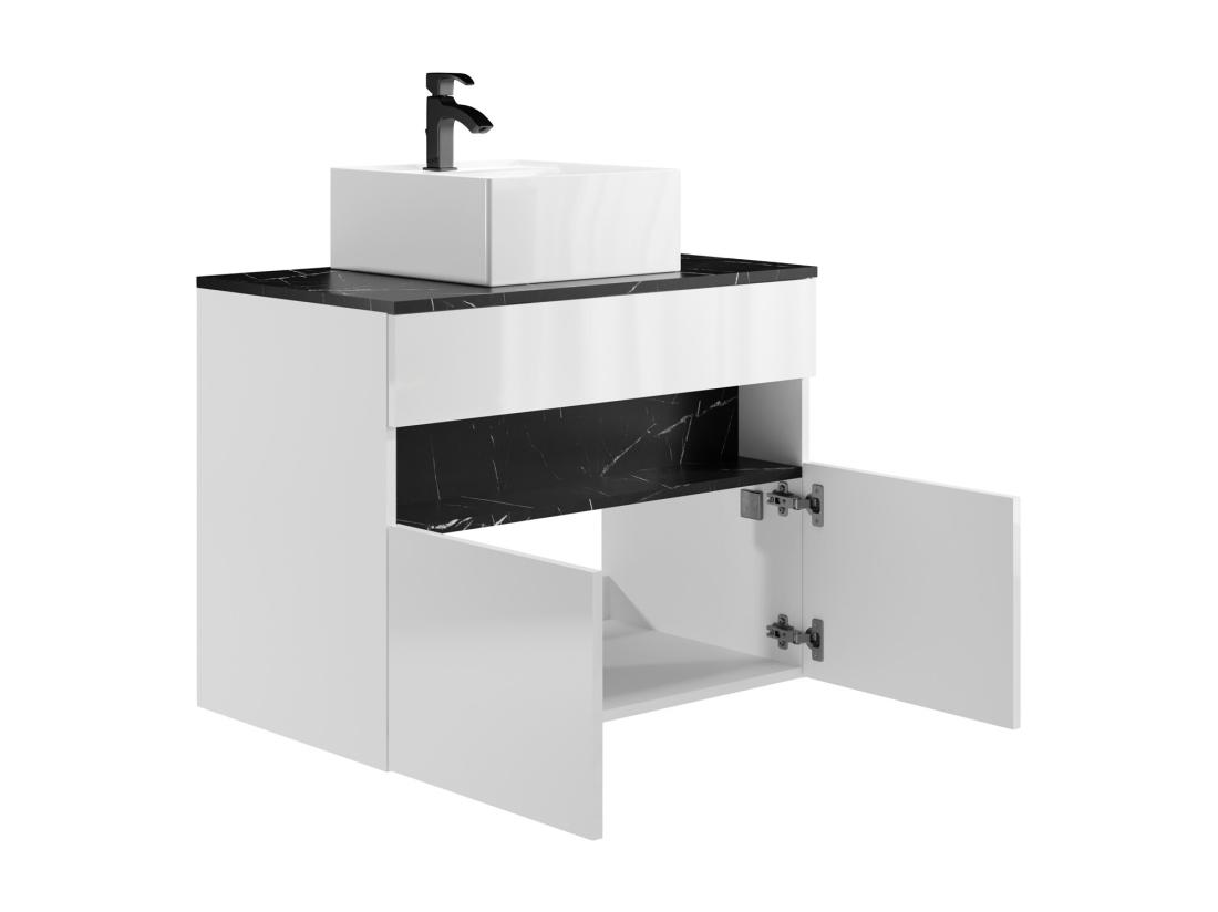 Vente Unique Meuble De Salle De Bain Suspendu à LEDs Avec Vasque à Poser - Blanc Et Noir Effet Marbre - L80 Cm - POZEGA