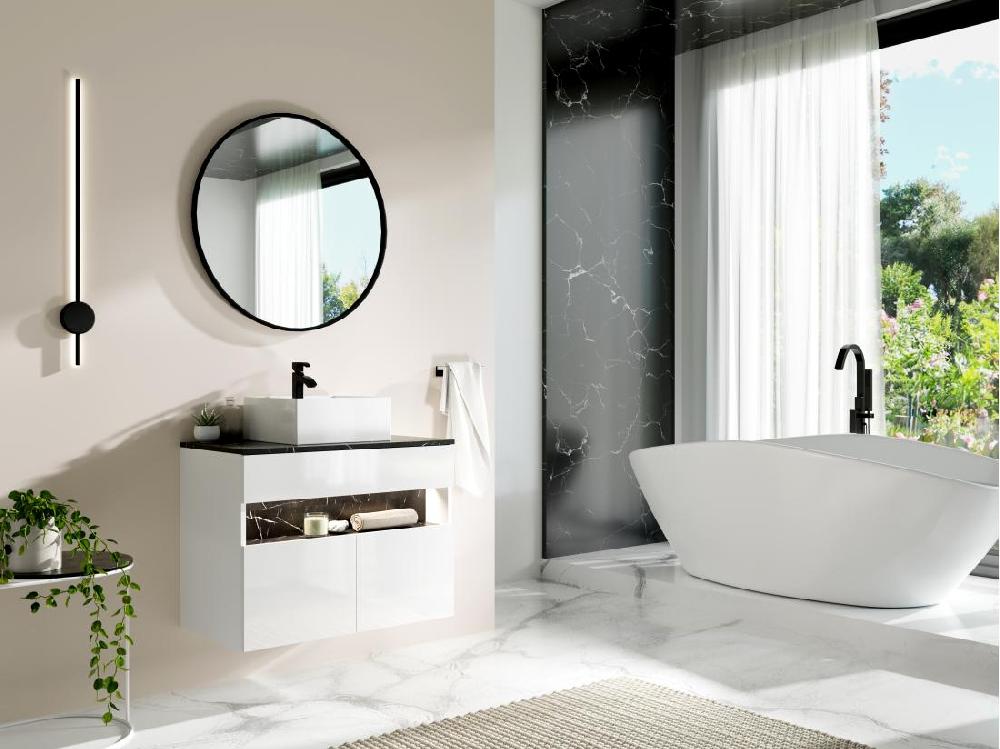 vente unique Meuble de salle de bain suspendu à LEDs avec vasque à poser - Blanc et noir effet marbre - L80 cm - POZEGA