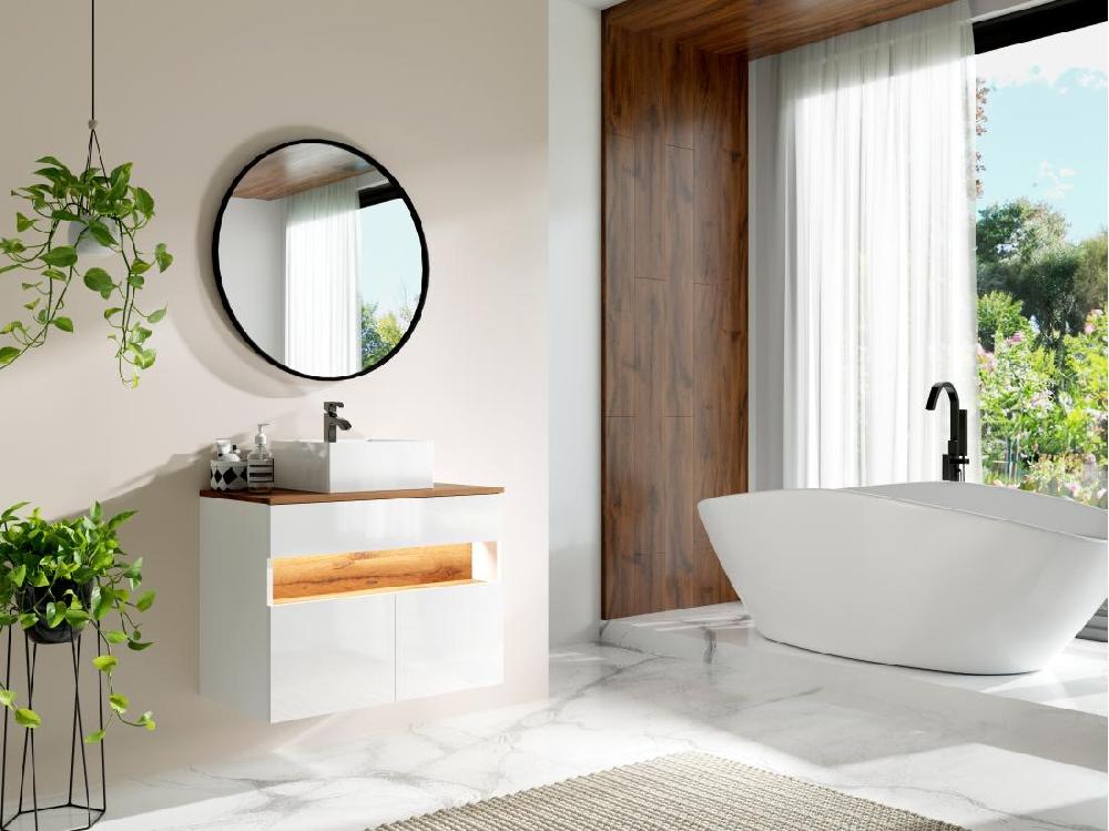 vente unique Meuble de salle de bain suspendu à LEDs avec vasque à poser - Blanc et naturel foncé - L80 cm - POZEGA