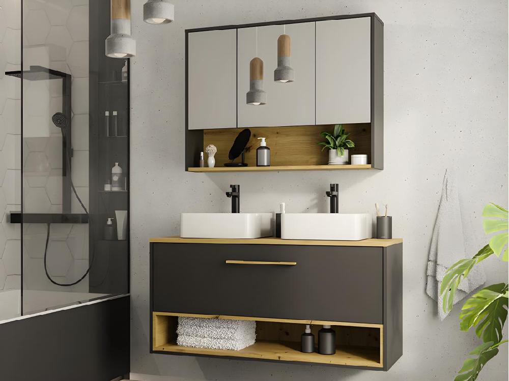 Vente Unique Meuble De Salle De Bain Suspendu Anthracite Avec Double Vasque à Poser Et Armoire De Toilette - 120 Cm - YANGRA