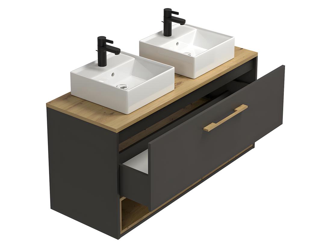 Vente Unique Meuble De Salle De Bain Suspendu Anthracite Avec Double Vasque à Poser Et Armoire De Toilette - 120 Cm - YANGRA