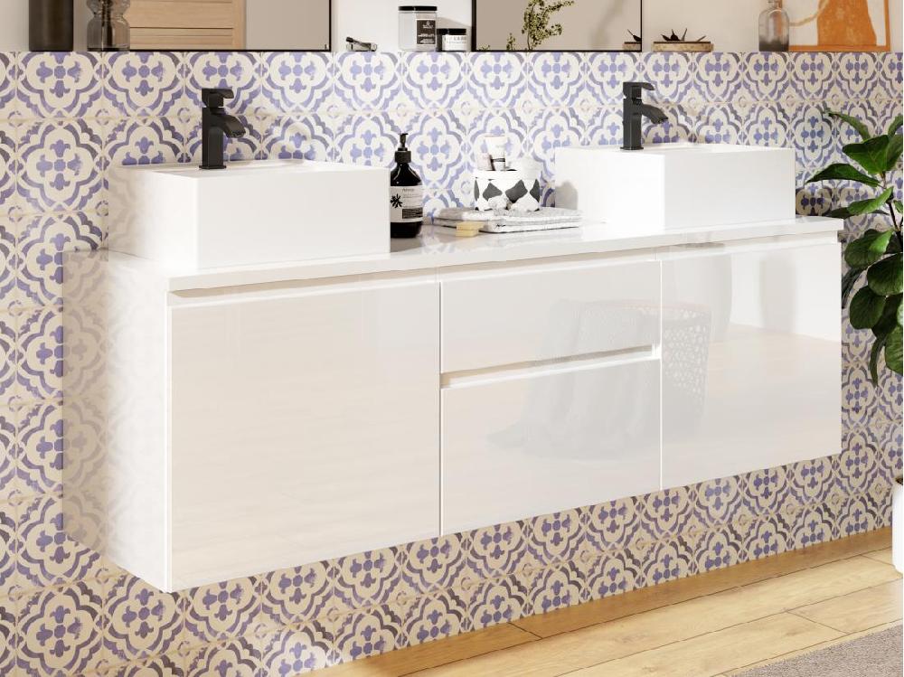 Vente Unique Meuble De Salle De Bain Suspendu Avec Double Vasque - Blanc - 150 Cm - JIMENA II