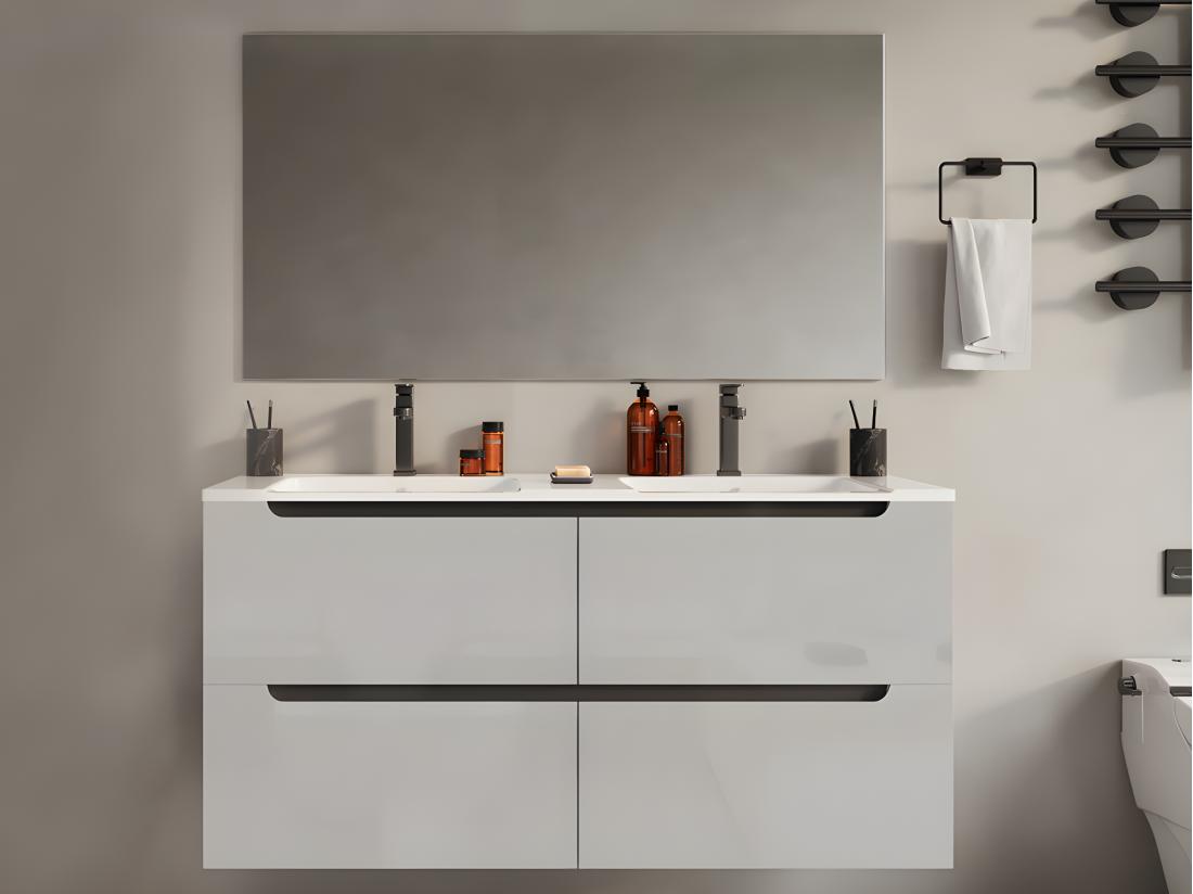 vente unique Meuble de salle de bain suspendu avec double vasque à encastrer - Blanc - 120 cm - SELITA