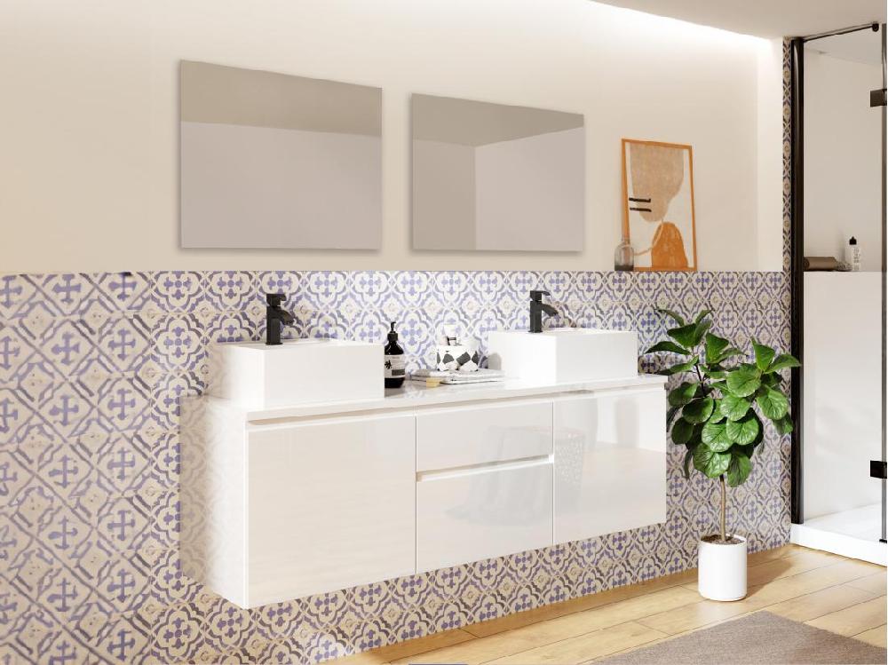 Vente Unique Meuble De Salle De Bain Suspendu Avec Double Vasque Et Miroirs - Blanc - 150 Cm - JIMENA II