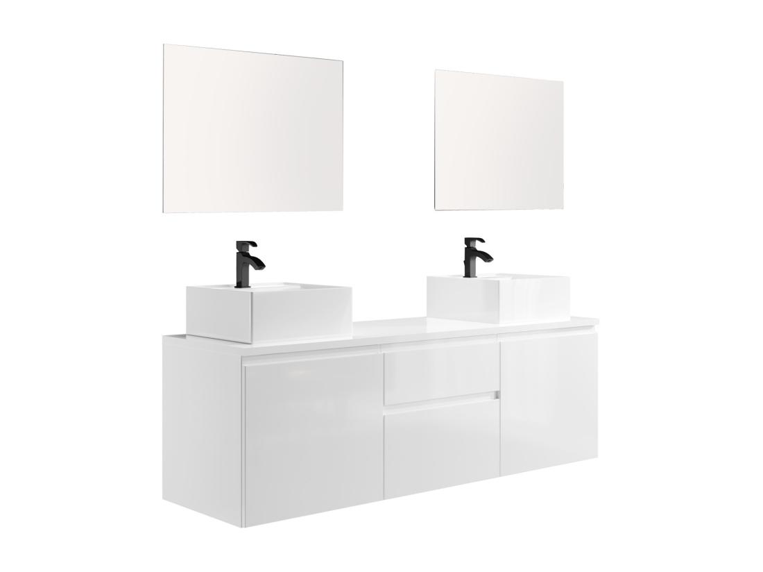Vente Unique Meuble De Salle De Bain Suspendu Avec Double Vasque Et Miroirs - Blanc - 150 Cm - JIMENA II