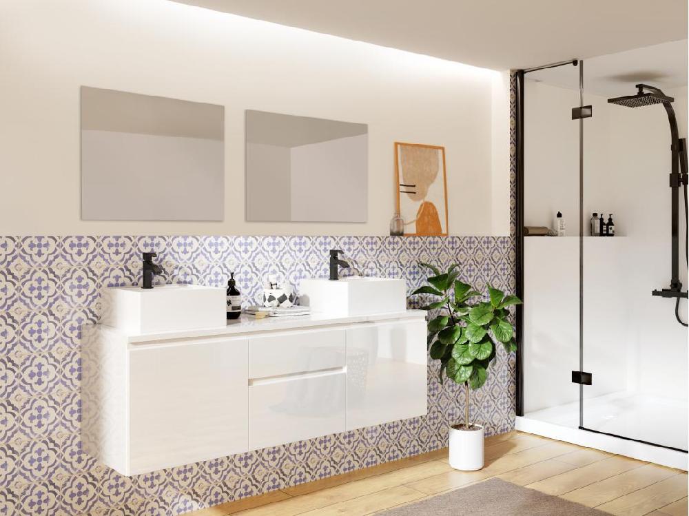 vente unique Meuble de salle de bain suspendu avec double vasque et miroirs - Blanc - 150 cm - JIMENA II