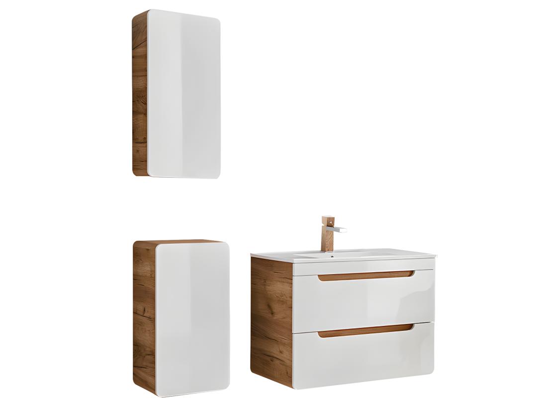Vente Unique Meuble De Salle De Bain Suspendu Avec Vasque à Encastrer Et Deux Colonnes - 80 Cm - Coloris Naturel Et Blanc - ARUBA