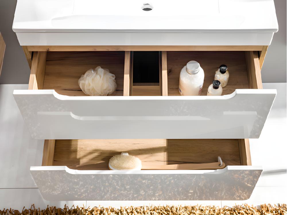 Vente Unique Meuble De Salle De Bain Suspendu Avec Vasque à Encastrer Et Deux Colonnes - 80 Cm - Coloris Naturel Et Blanc - ARUBA