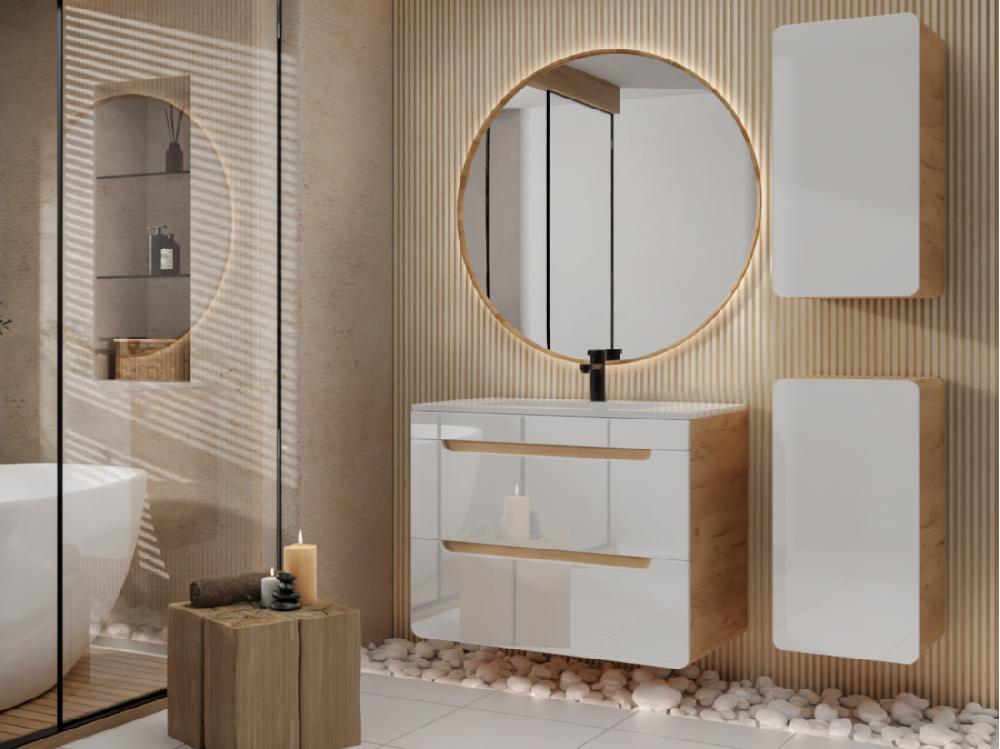 vente unique Meuble de salle de bain suspendu avec vasque à encastrer et deux colonnes - 80 cm - Coloris naturel et blanc - ARUBA