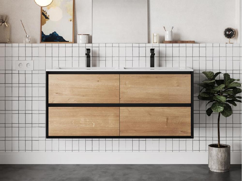 vente unique Meuble de salle de bain suspendu avec vasque à encastrer - Coloris naturel clair et noir - 120 cm - LANNICK