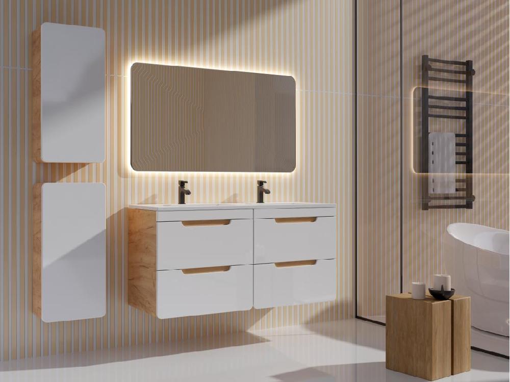 vente unique Meuble de salle de bain suspendu avec vasque à encastrer et deux colonnes - 120 cm - Coloris naturel et blanc - ARUBA