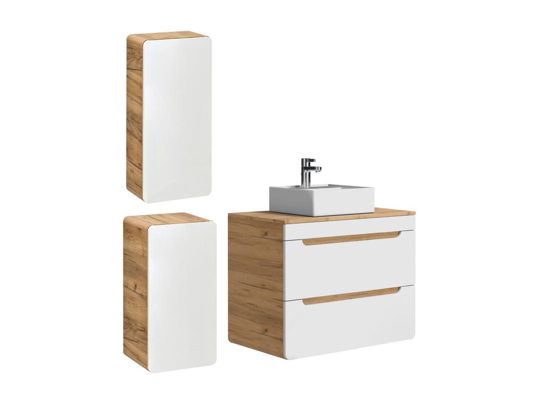 Vente Unique Meuble De Salle De Bain Suspendu Avec Vasque à Poser Et Deux Colonnes - Coloris Naturel Et Blanc - 80 Cm - ARUBA