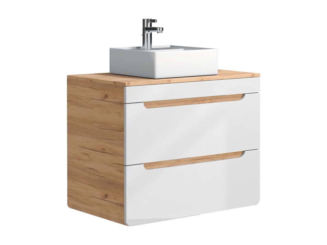 Vente Unique Meuble De Salle De Bain Suspendu Avec Vasque à Poser Et Deux Colonnes - Coloris Naturel Et Blanc - 80 Cm - ARUBA