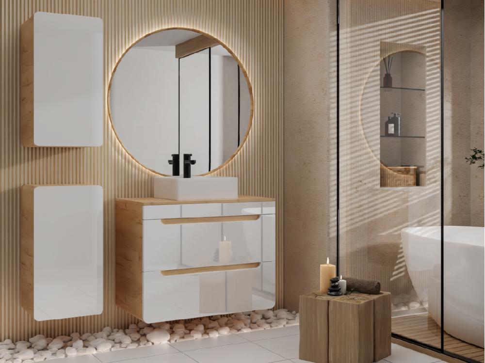 vente unique Meuble de salle de bain suspendu avec vasque à poser et deux colonnes - Coloris naturel et blanc - 80 cm - ARUBA